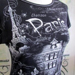 PARIS T-SHIRT, M, BLING, EIFFEL TOWER & FRENCH, FRINGED HEM, BLUE CANYON